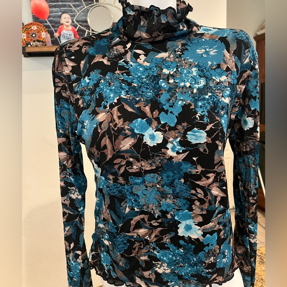 Birch Hill Shirt Womens Medium Turquoise Blue Mesh Mock Neck Long Sleeve Stretch